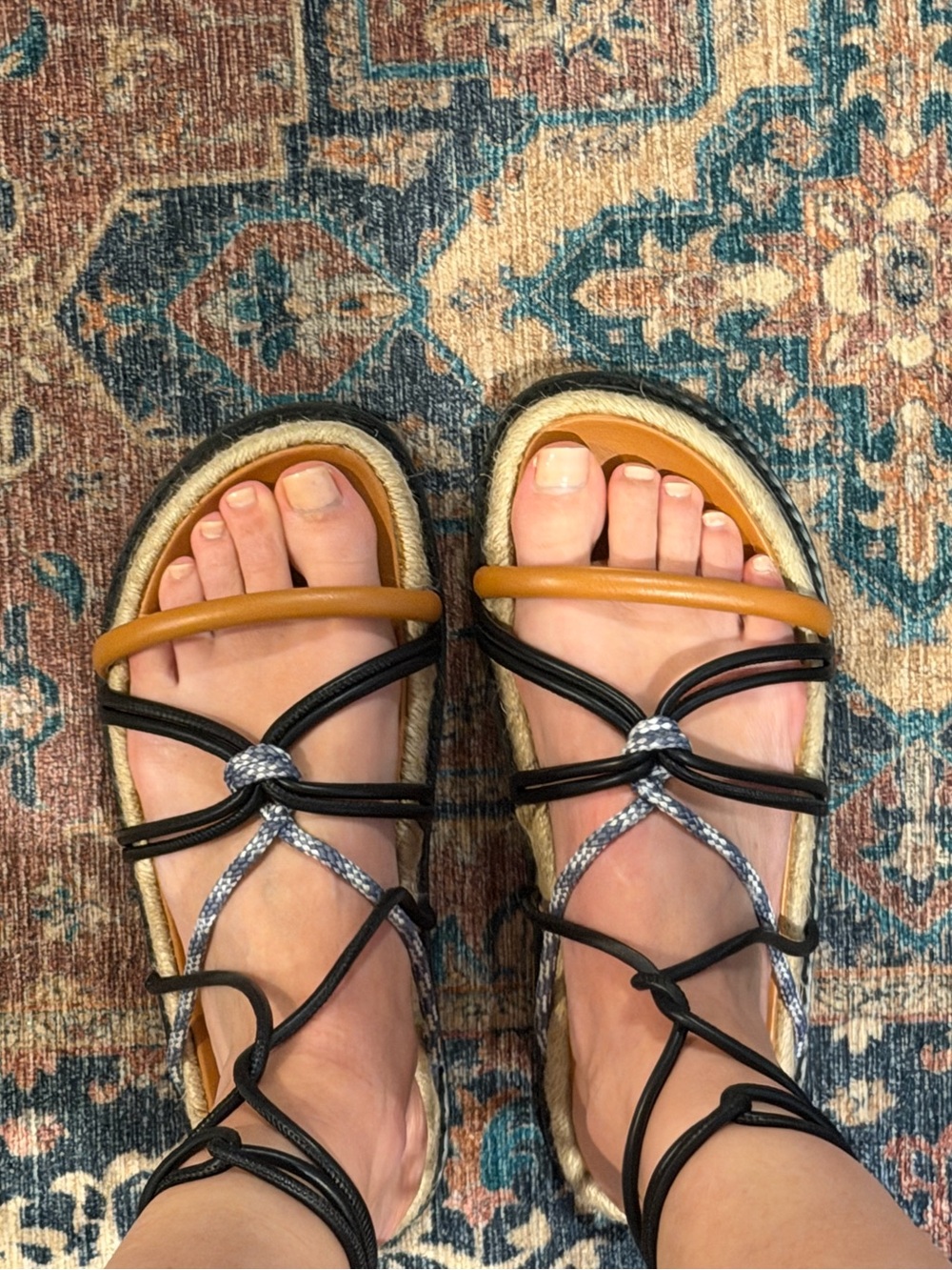 Mishka Tan Leather Slide Mules with Black and Silver Rope Detail